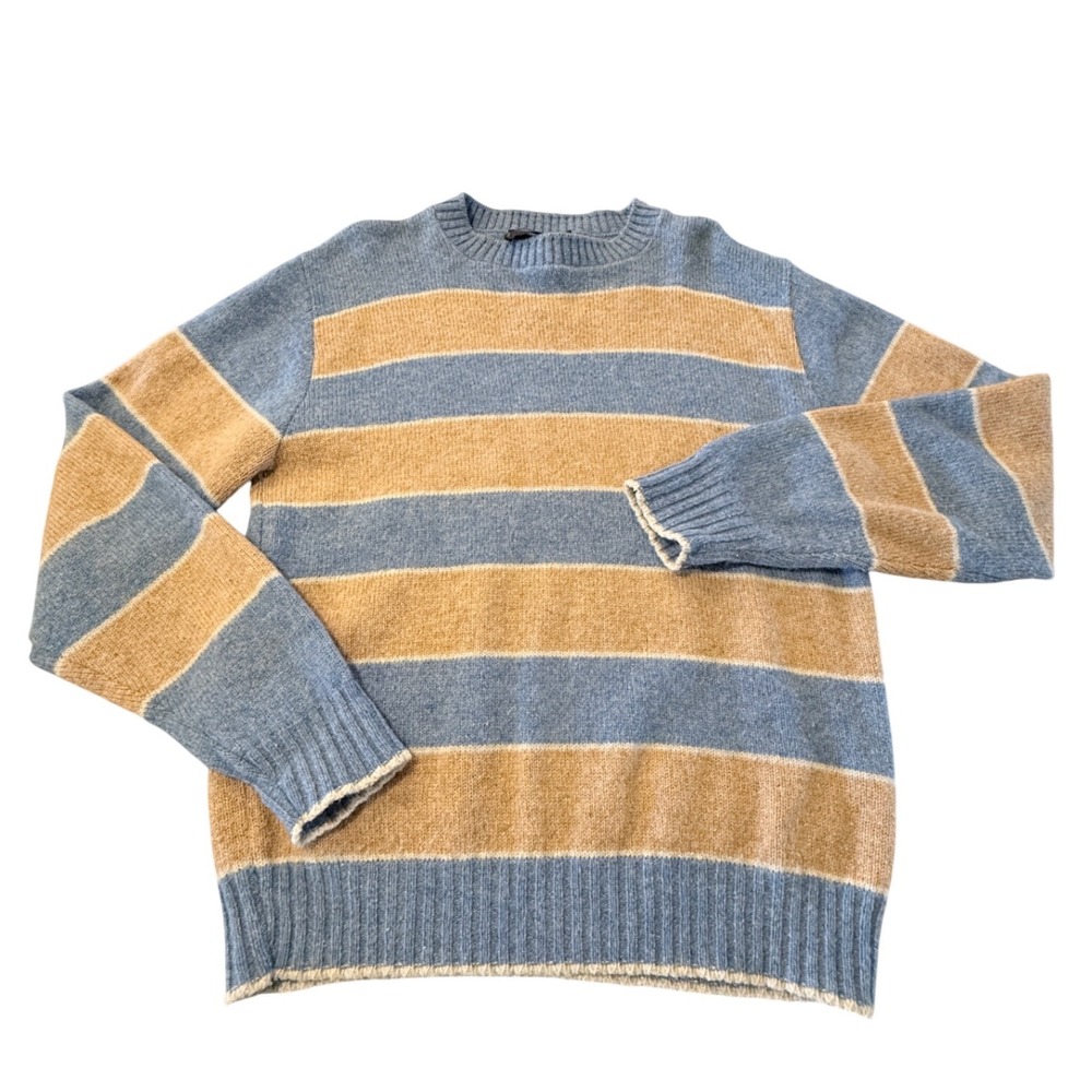 Vintage Jantzen Striped Crewneck Sweater Blue Tan Mens Medium Made in USA